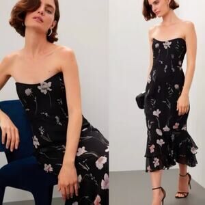 Katie May Nami Black Floral Chiffon Strapless Midi Cocktail Dress L $365